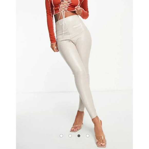 Missy Empire high waist leather look legging in ecru Stone Women’s Size US 8 New - Picture 3 of 16